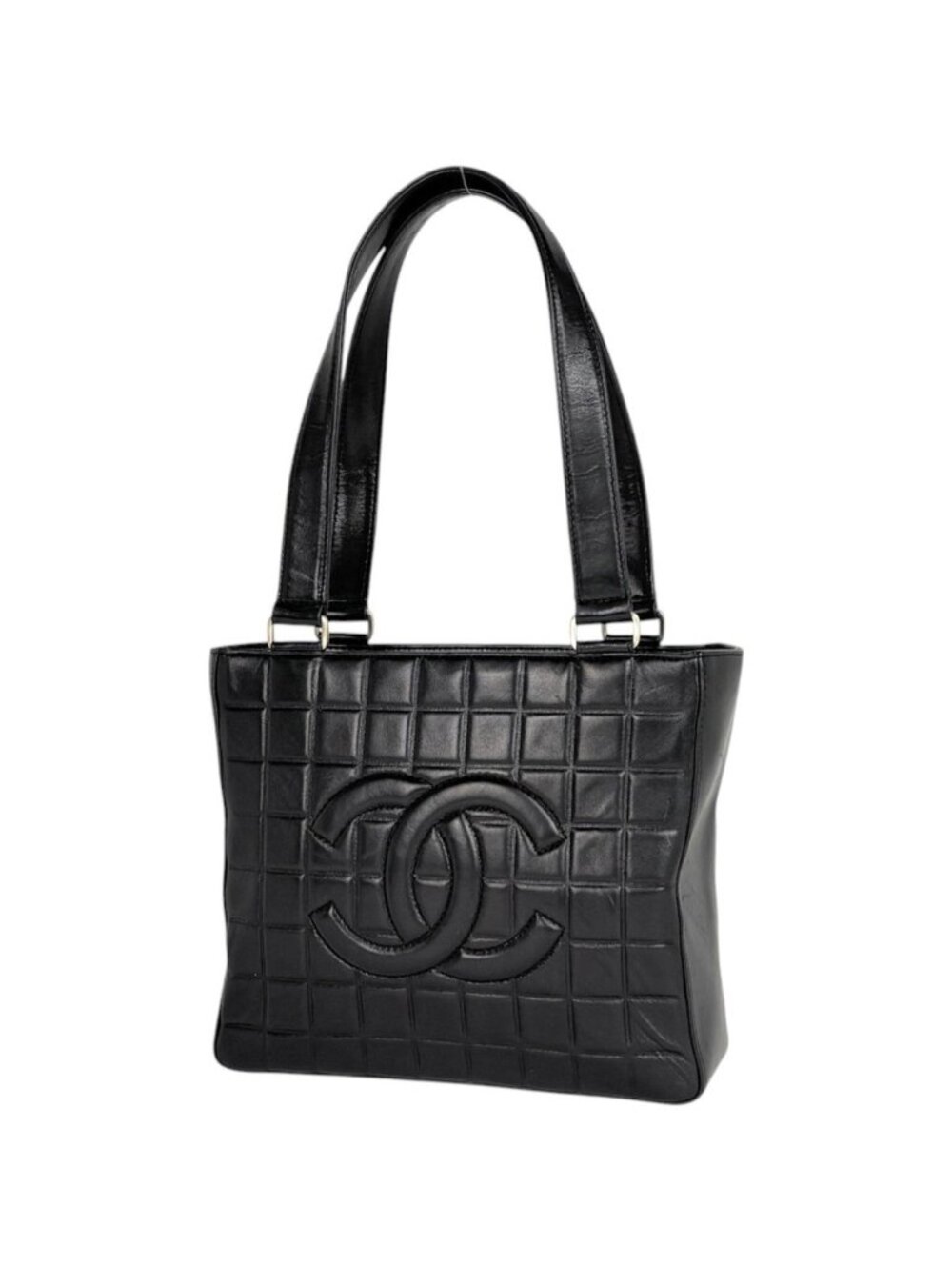 Chanel Tote Bag CC Logo Choco Bar Leather Black